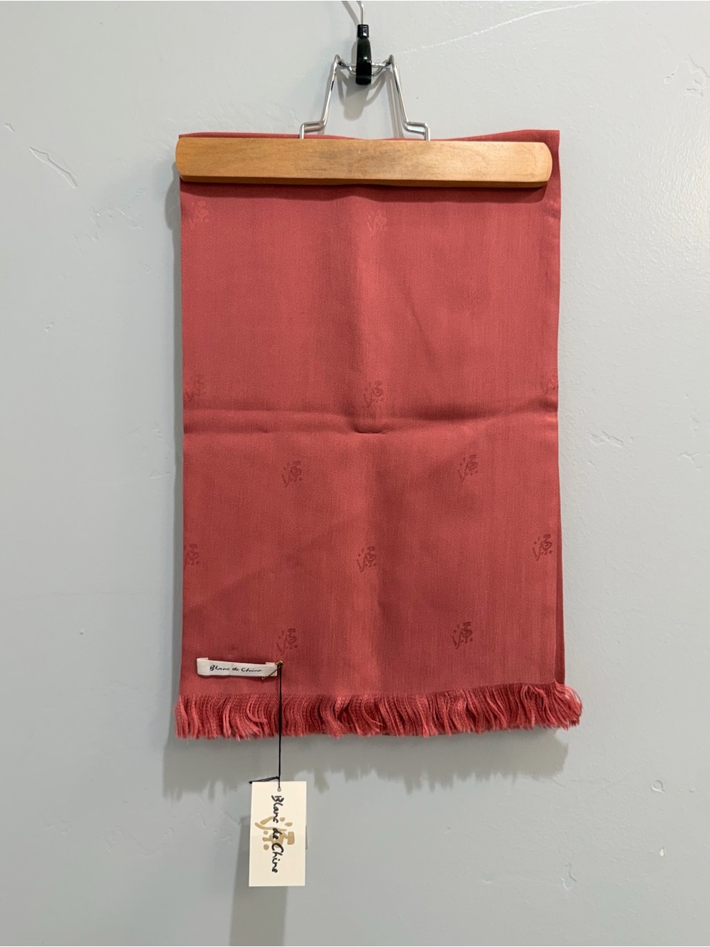 Vintage Blanc de Chine Silk Monogram Jacquard Fringed Scarf Mauve Dusty Rose NWT